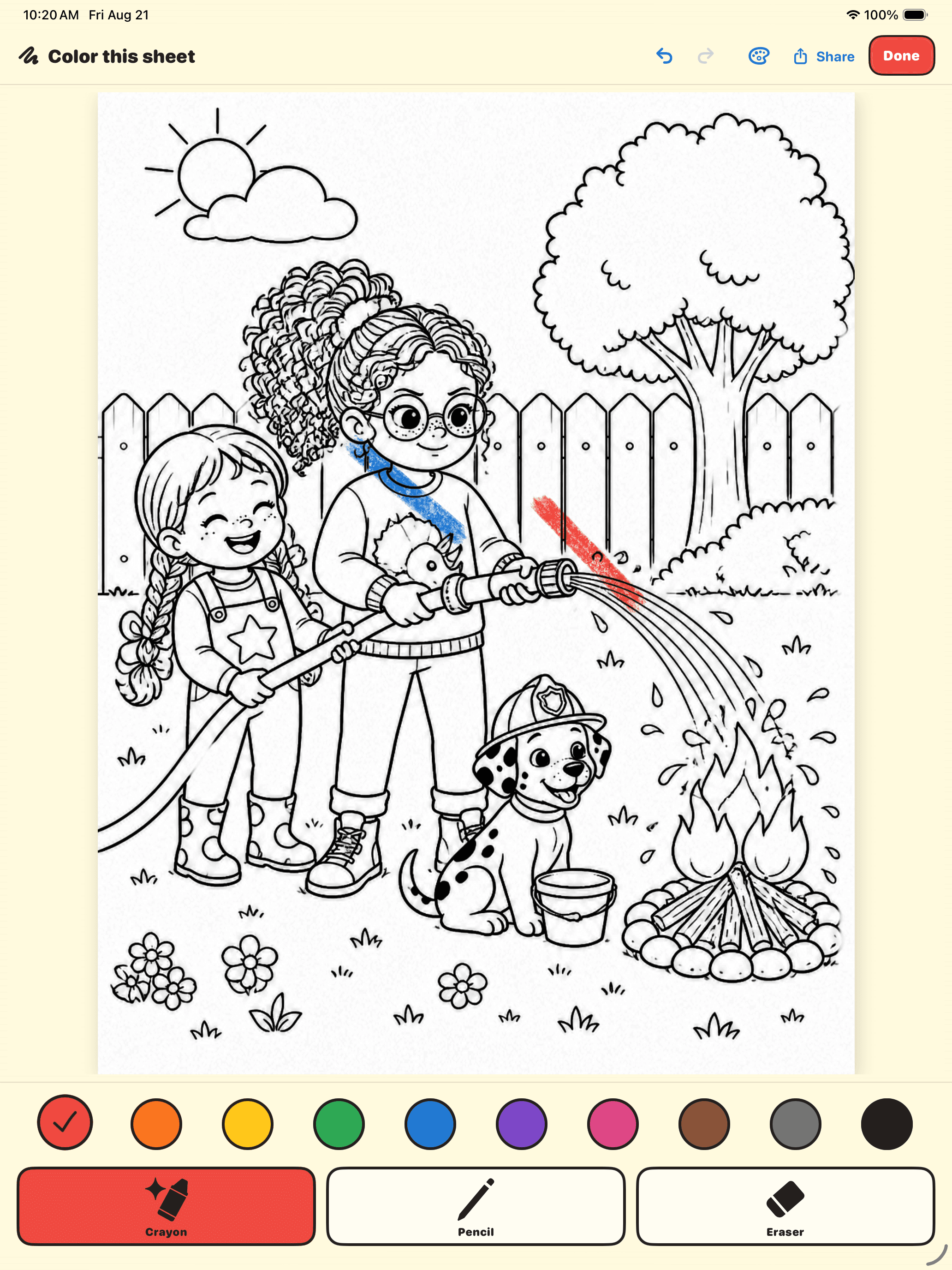 The Crayonymous coloring room on iPad, showing a firefighter coloring sheet partly colored with loose yellow, green, red, blue, orange, pink, and purple crayon strokes, plus the color and tool controls.