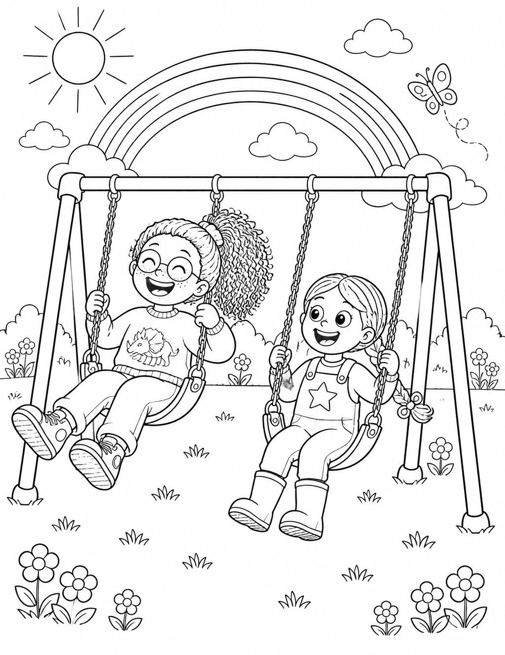 A printable coloring sheet: two children swinging side by side on a playground swingset under a sun and clouds, drawn in bold black outlines on white.